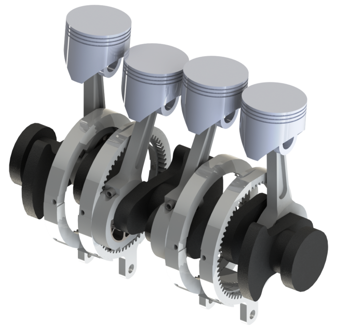 Waulis VCR engine: four pistons on a crankshaft with eccentric gears